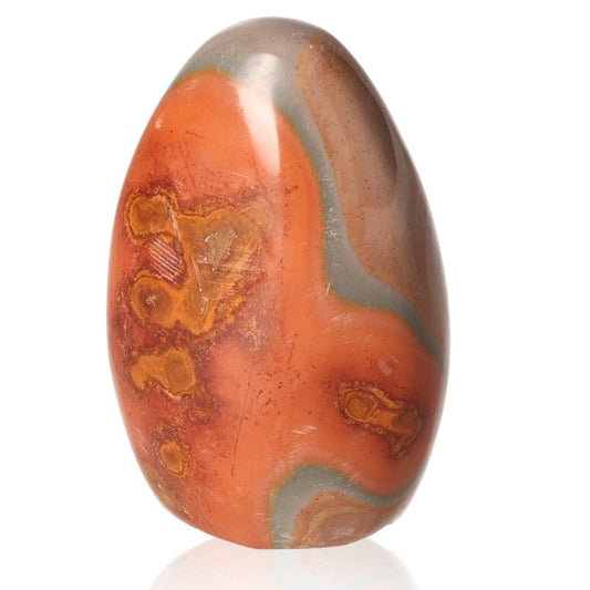 Polychrome Jasper Free Form Stone with vibrant red, orange, and brown color patterns, known for grounding and energizing properties.