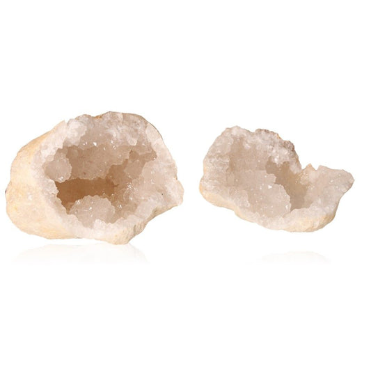 Milky quartz geode showing sparkling, cloudy white crystals with an earthy outer shell, known for purifying and amplifying energy.