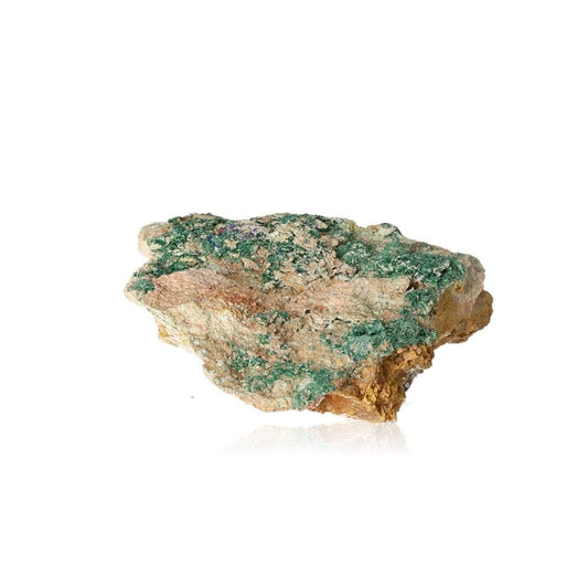 Raw malachite stone with green swirls and bands, known for its energizing and calming properties, on a white background.