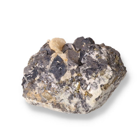 Galena with quartz and pyrite mineral cluster, known for transformation and grounding properties in spiritual practices.