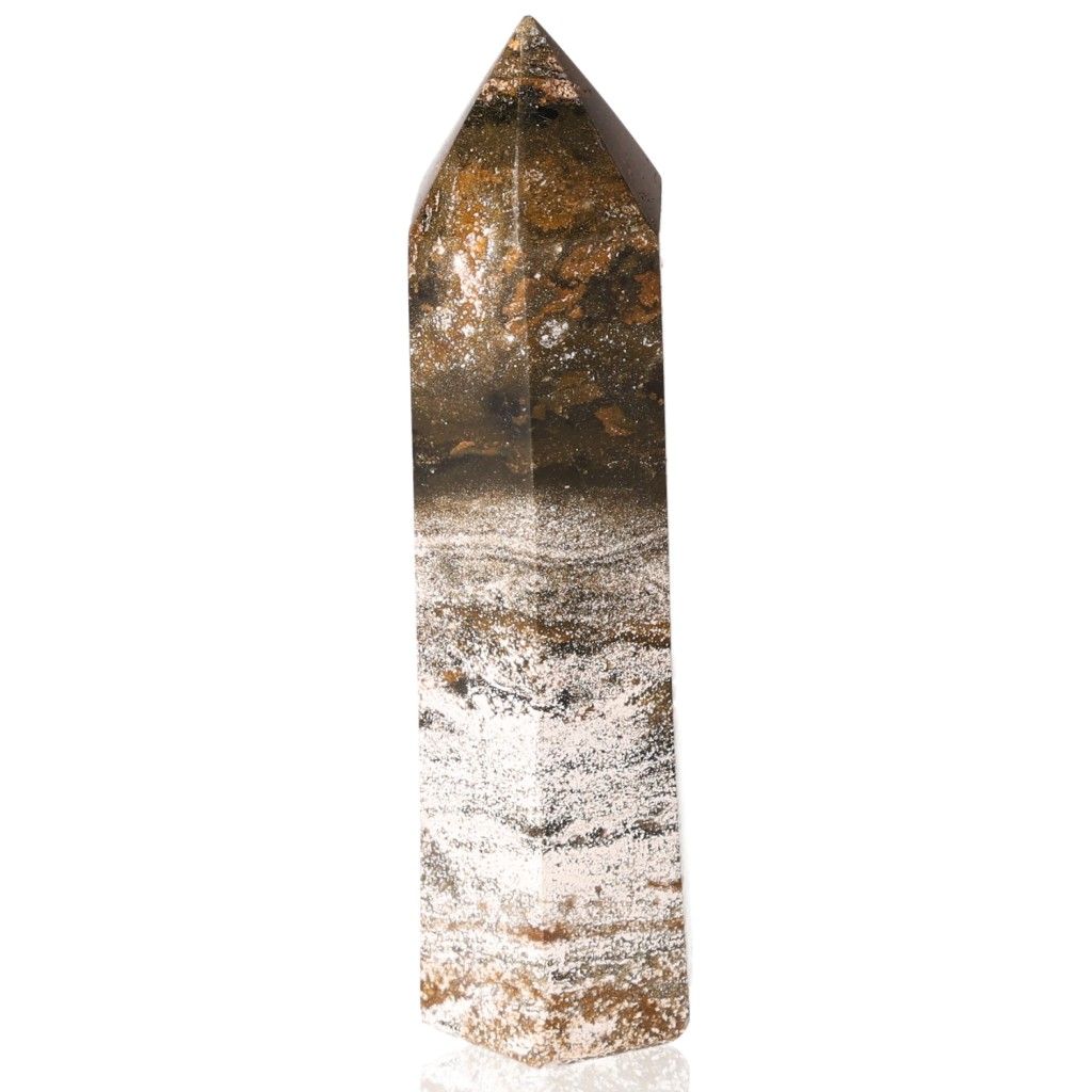 Ocean Jasper Tower crystal with unique patterns, symbolizing joy and tranquility, promotes positivity and emotional balance.