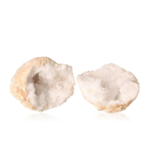 Milky quartz geode split open to reveal sparkling, cloudy white crystals, perfect for amplifying energy and enhancing tranquility.