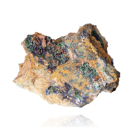 Raw azurite with malachite mineral specimen showcasing deep blue and green patterns on a rocky surface.