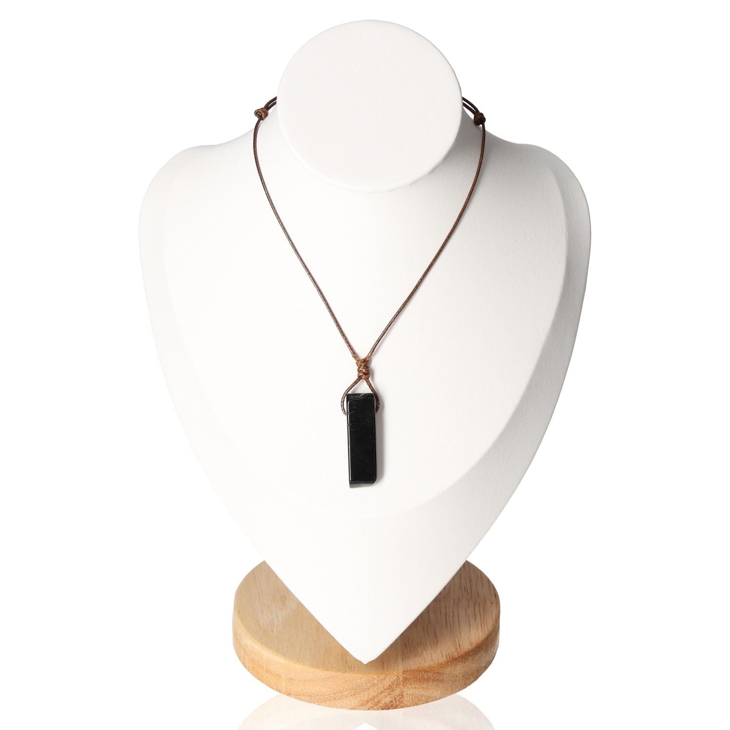 Boho Necklace Obsidian on display stand, featuring a sleek black pendant with bohemian style and spiritual protection qualities.