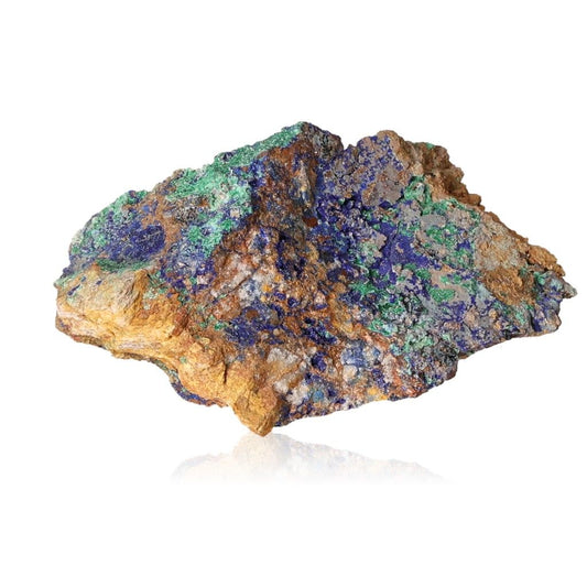 Azurite with Malachite druzes, showcasing vibrant blue and green hues, enhances intuition and spiritual insight.