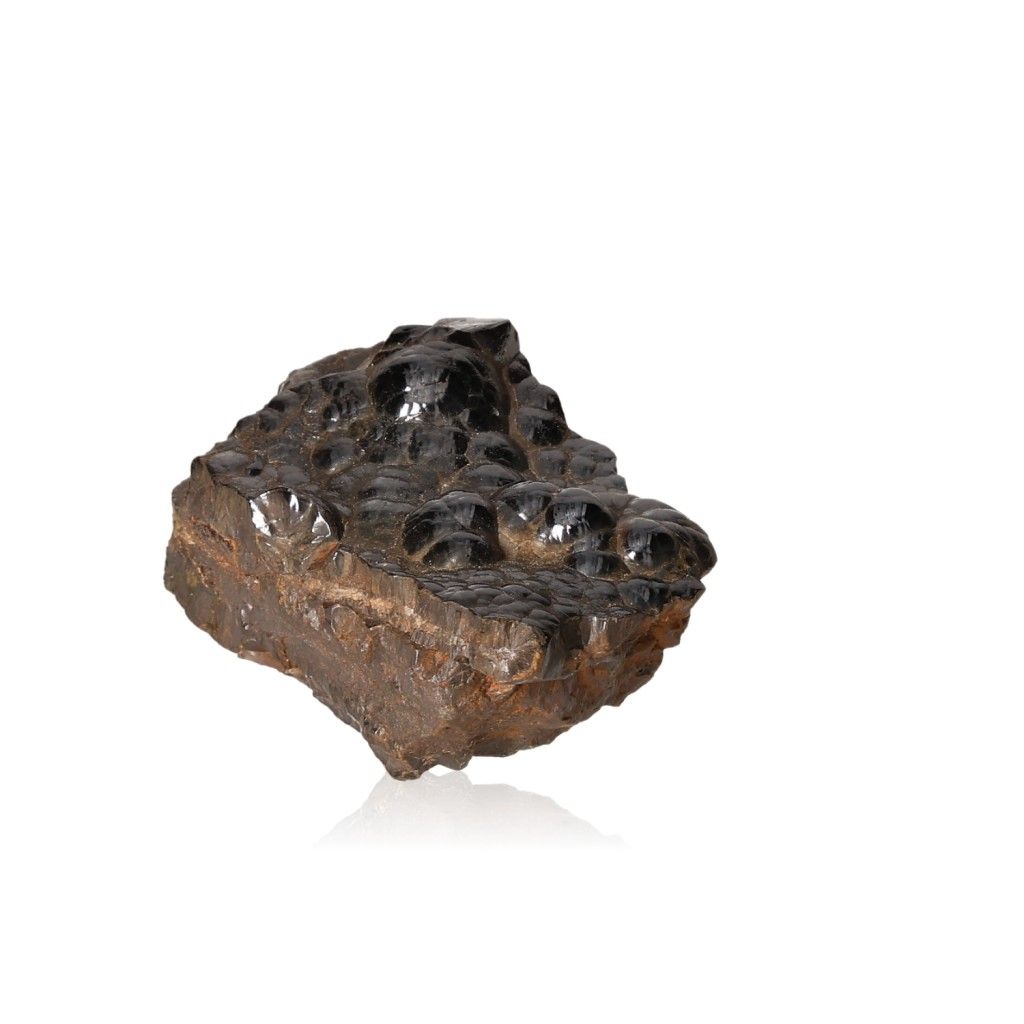 Polished botryoidal hematite stone enhancing strength and courage on a white background.