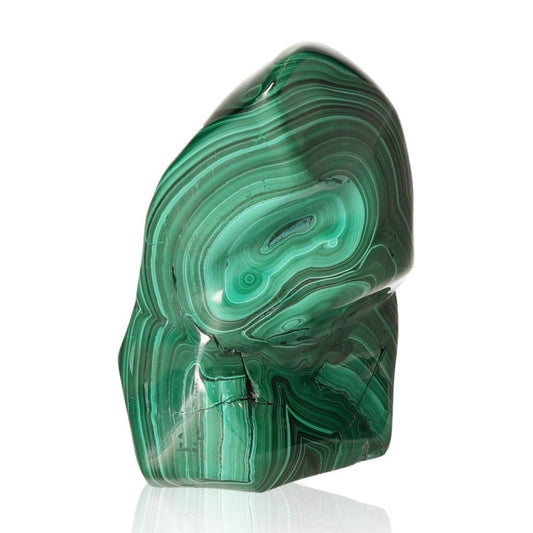 Polished green malachite stone with unique swirls, symbolizing courage, hope, and inner harmony through soothing energy.