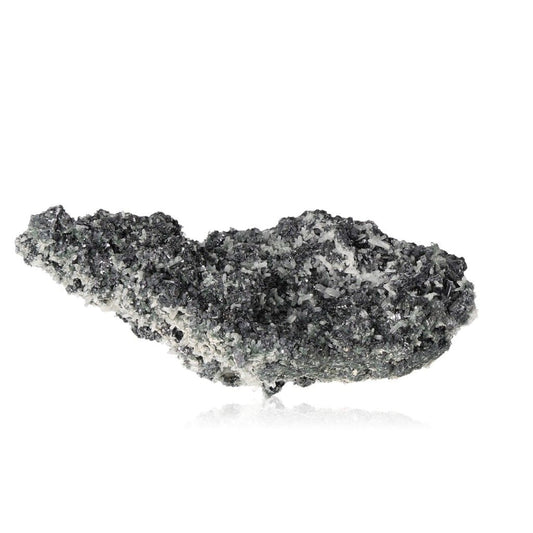 Black and white sphalerite mineral specimen on a white background.