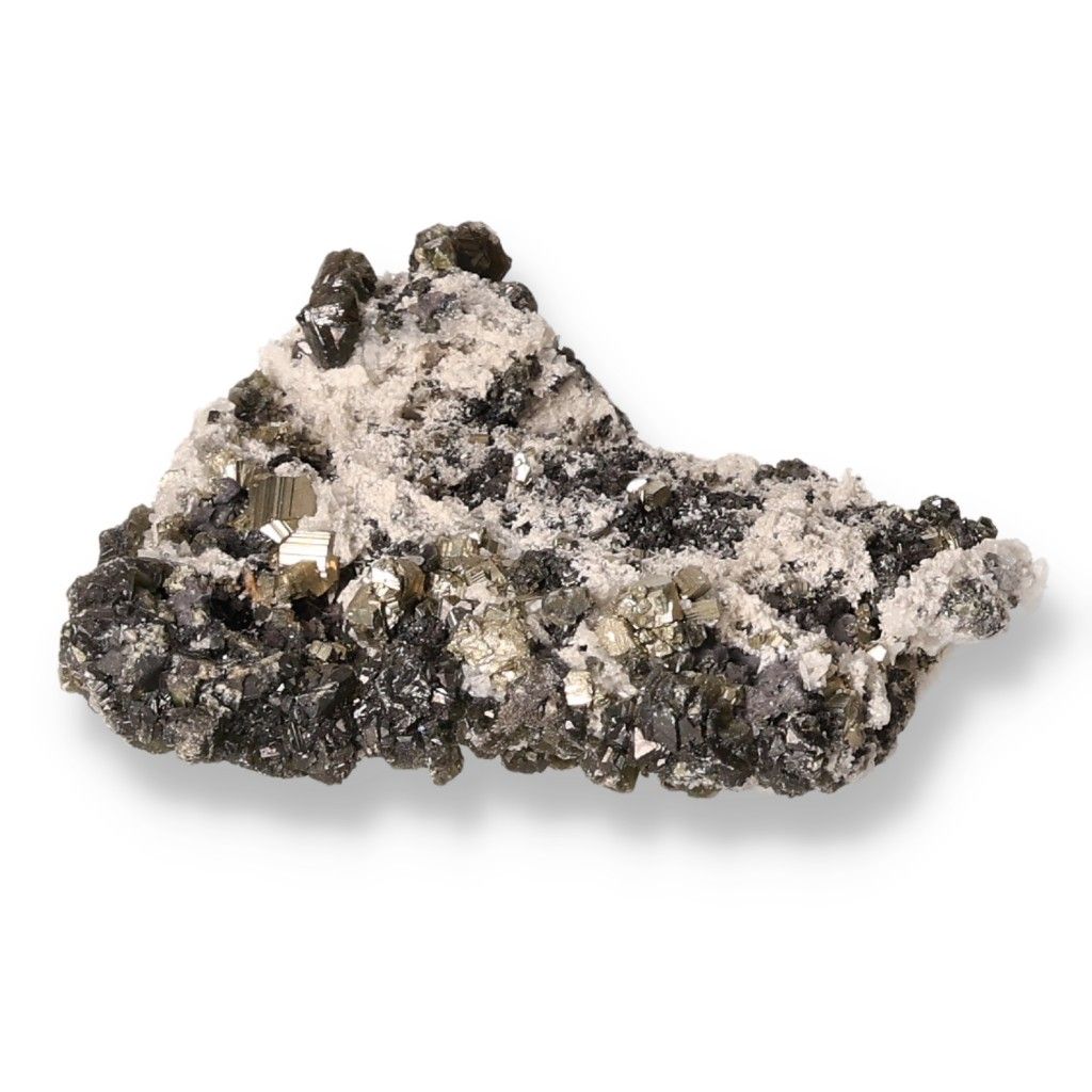 Galena crystal with chalcopyrite highlights, showcasing its protective and grounding properties, used in spiritual practices.