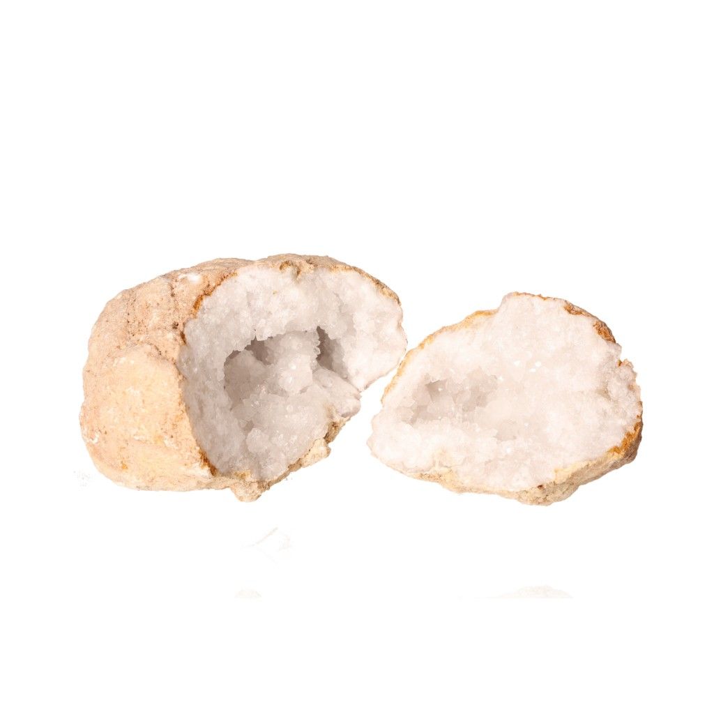 Milky quartz geode split open revealing sparkling, cloudy white crystals for purifying energy and enhancing tranquility.