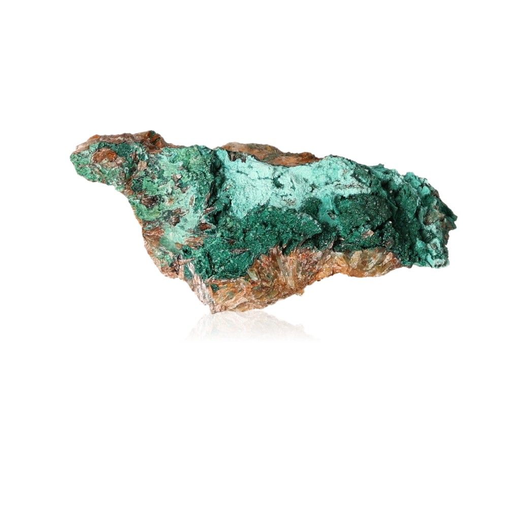 Malachite druze stone with vibrant green hues on a white background, symbolizing nature's soothing energy and courage.