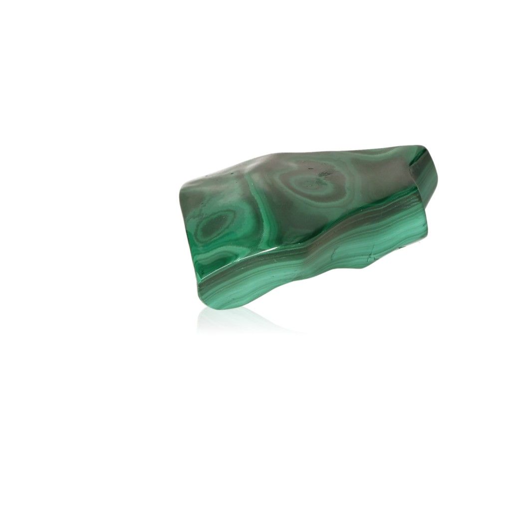 Polished malachite stone with vibrant green hues, symbolizing nature's soothing energy for courage and optimism.