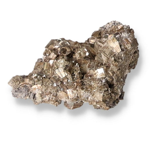 Pyrite mineral specimen showcasing metallic cubic crystals with a lustrous surface.