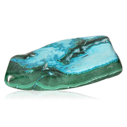 Blue Chrysocolla with Malachite gemstone showcasing calming and transformative blue and green hues.