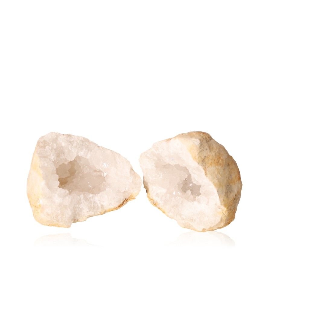 Milky quartz geode pair with rugged shells and sparkling white crystals, ideal for energy cleansing and promoting positive vibrations.