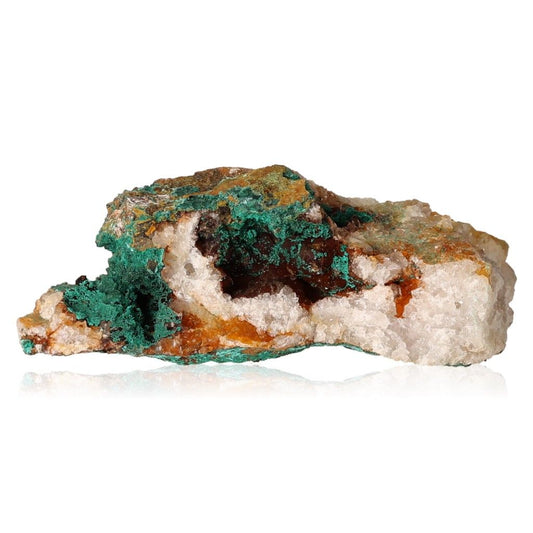 Malachite druze mineral specimen with vibrant green and earthy tones, known for its soothing and energizing properties.