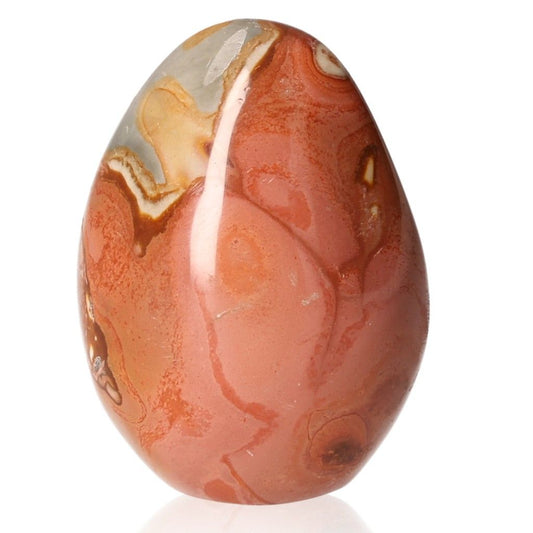 Polychrome Jasper free form stone with vibrant red and orange color patterns, known for grounding and energizing properties.