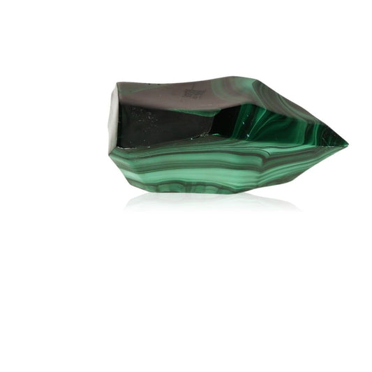 Polished malachite stone with green bands, symbolizing nature's soothing energy and promoting inner harmony and optimism