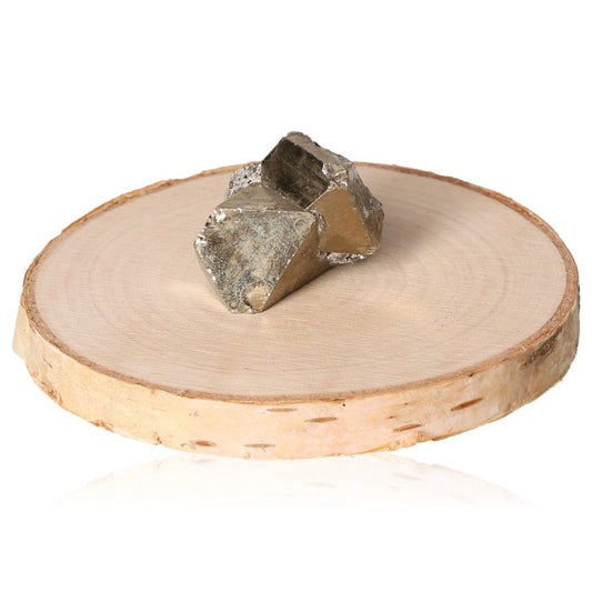 Pyrite druze on a wooden disc, promotes independence and inspires new ideas. Ideal for motivation and goal achievement.