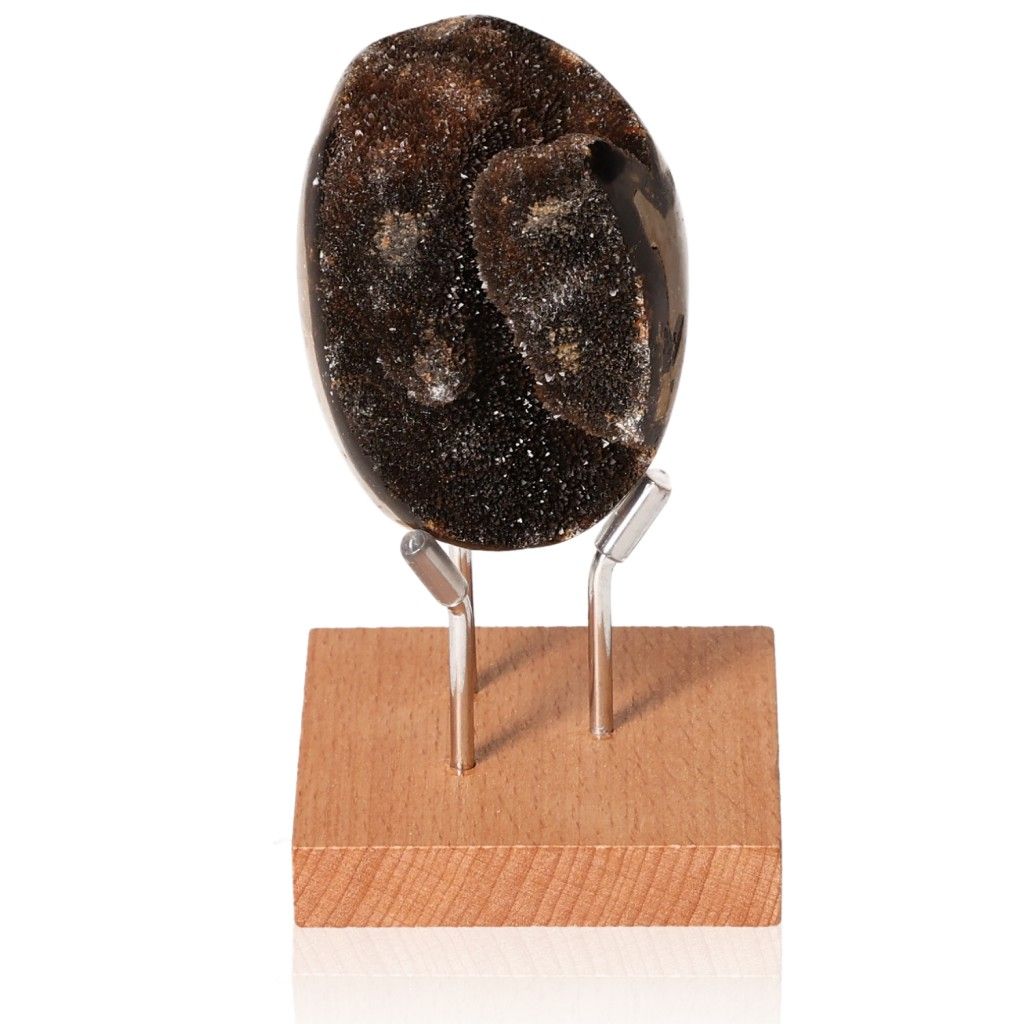 Septarian Dragon Stone on a wooden stand, showcasing its unique mineral patterns and rich symbolism.