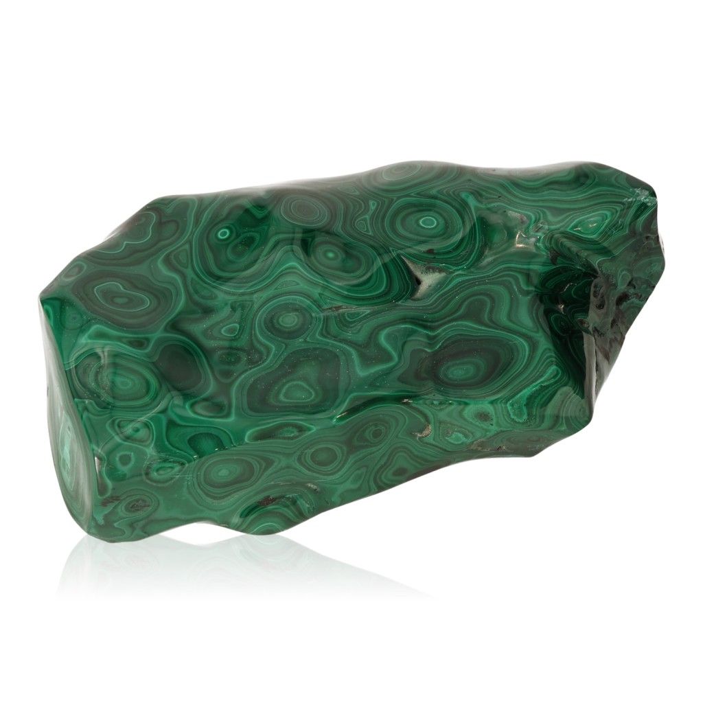 Polished green malachite stone with swirling patterns, known for soothing energy and promoting courage and optimism.