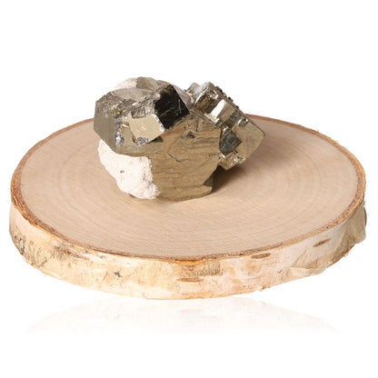 Pyrite druze with calcite on wooden base, supporting independence, initiative, and goal achievement.