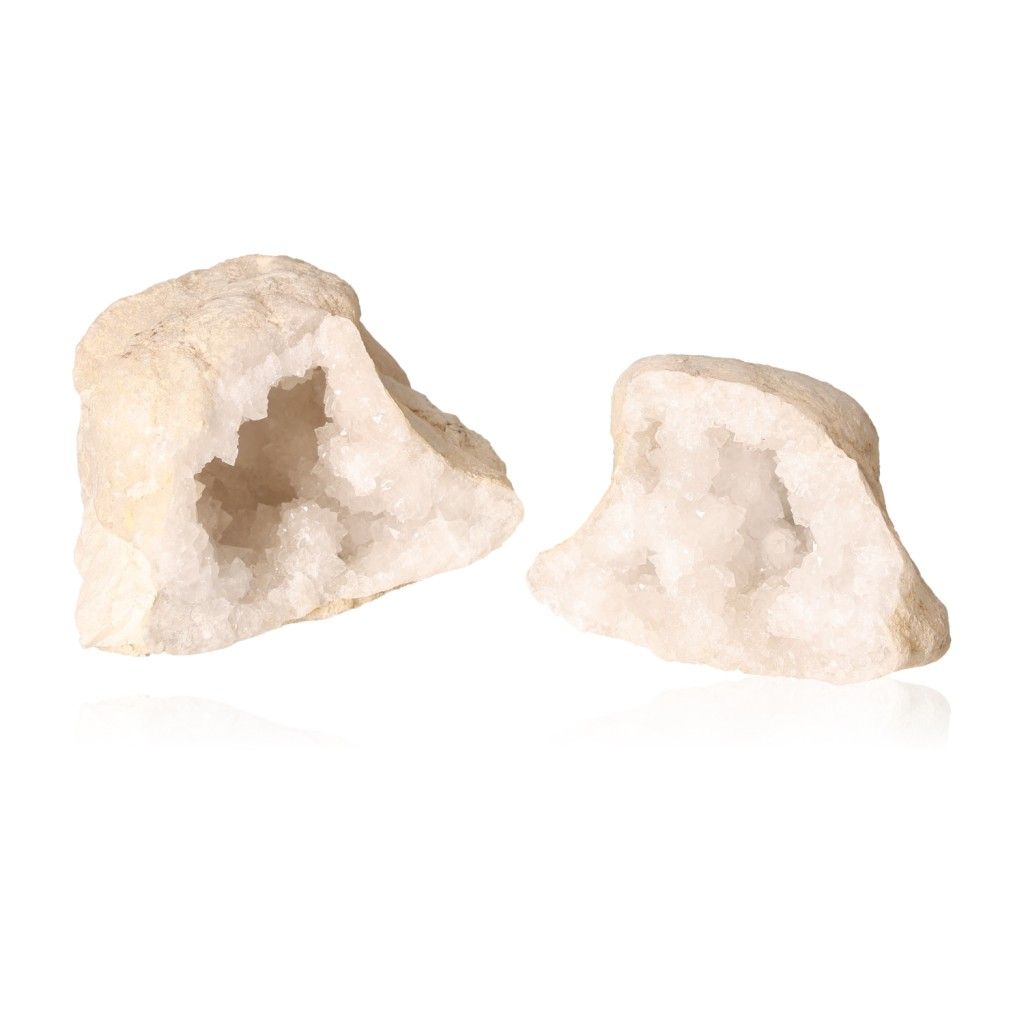 Milky quartz geode pair with sparkling white crystals against a white background, ideal for energy balancing and space cleansing.