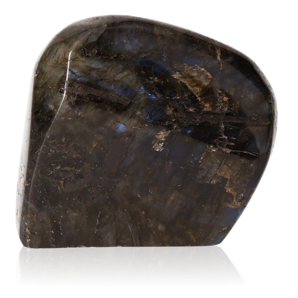 Labradorite polished cut base with shimmering hues by Sylvia Crystals, ethically sourced natural stone for elegance and energy.