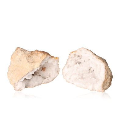 Milky quartz geode split open, revealing sparkling white crystals, ideal for energy balance and enhancing tranquility.