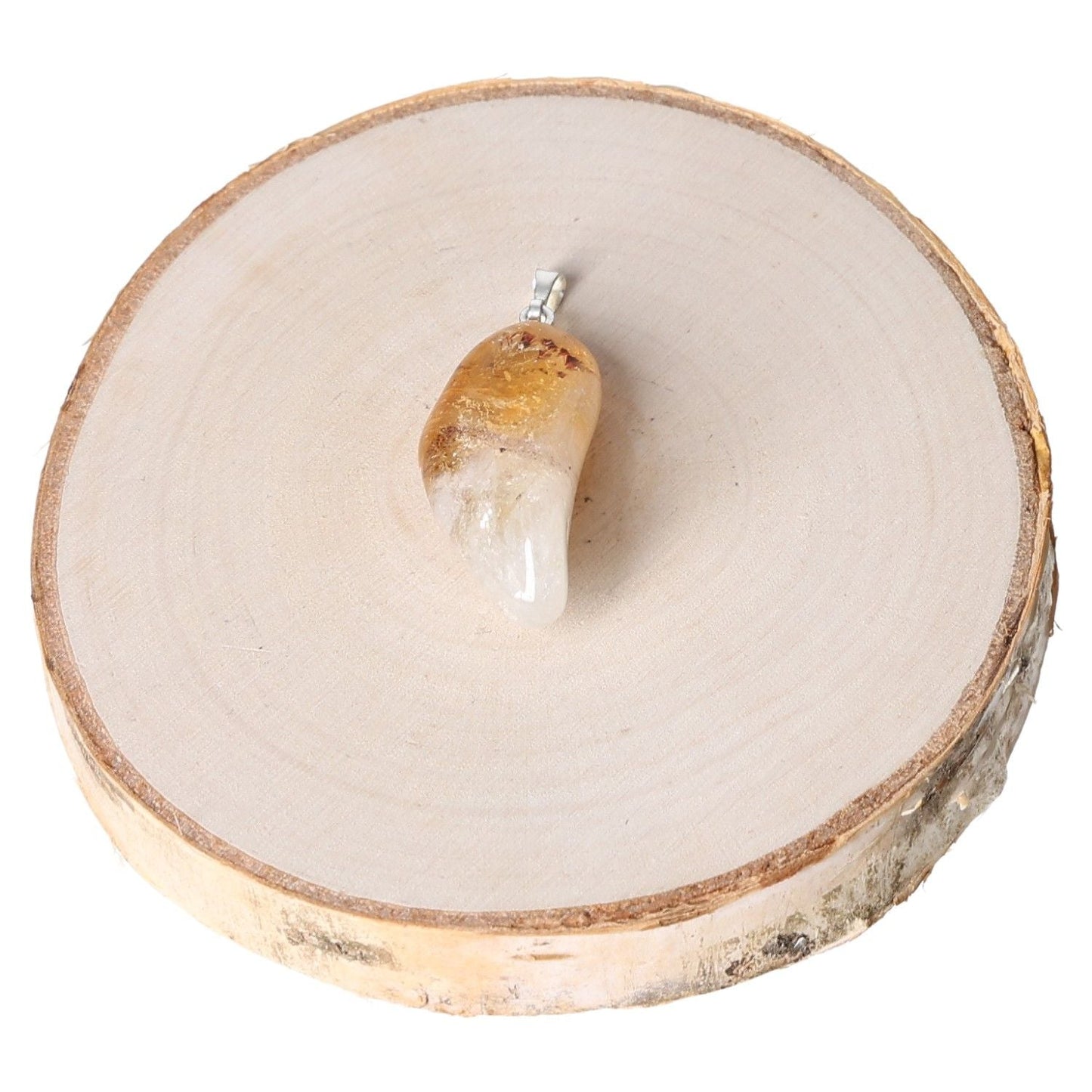 Citrine Quartz AA tumbled pendant on wooden slice display.