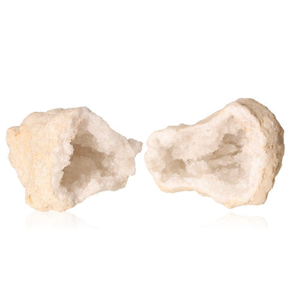 Open quartz geode with milky white crystals, showcasing rugged, earthy shell, ideal for energy cleansing and enhancing tranquility.