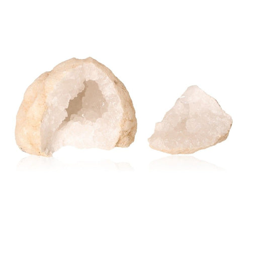 Milky quartz geode with sparkling white crystals, showcasing its rugged outer shell and tranquil, purifying energy properties.