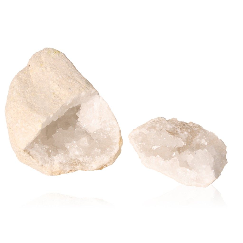 Milky quartz geode with rugged shell revealing sparkling cloudy crystals, enhancing tranquility and energy balance.