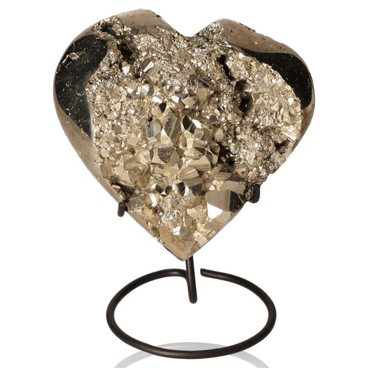 Heart-shaped pyrite stone on a stand, promoting independence and courage, ideal for fostering new ideas and achieving goals.