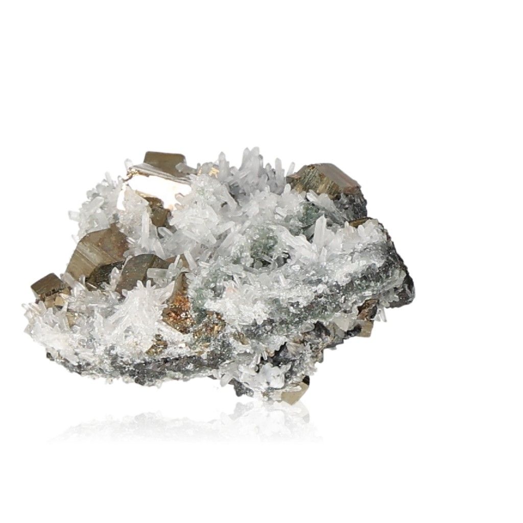 Chalcopyrite healing crystal with shimmering gold and white formations, known for stress relief and boosting self-confidence.