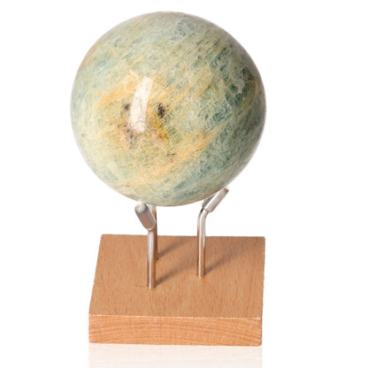 Aquamarine Serpentine Sphere on stand enhances communication, reduces anxiety, and brings courage with its unique properties.