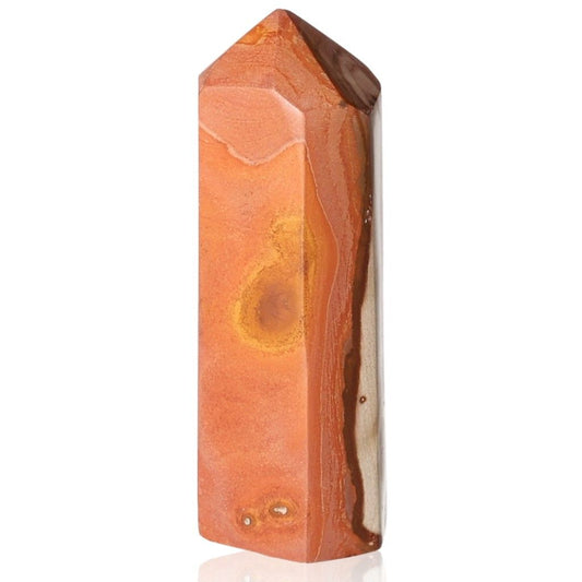 Polychrome Jasper crystal tower featuring vibrant red and orange hues, known for its grounding and energizing properties.