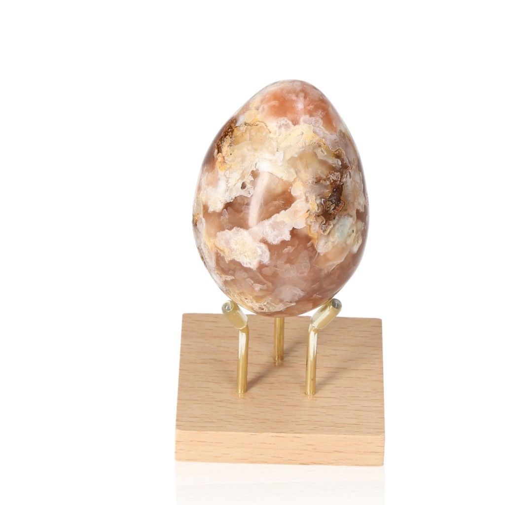 Flower Agate Egg balancing stone on stand, promotes harmony, calms nerves, grounding energy crystal for body and mind.