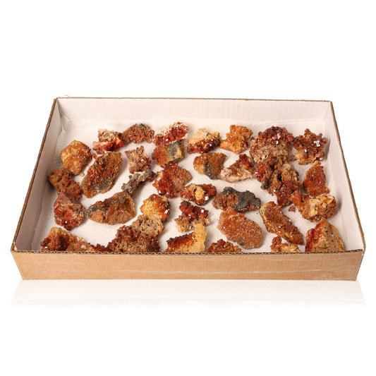 Collection of small vanadinite druzes with reddish-brown hexagonal crystals in a cardboard box, showcasing their vibrant colors and geometric shapes.