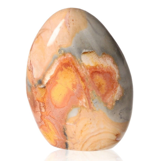 Polychrome Jasper Free Form with vibrant colors of red, orange, and gray showcasing its unique banded appearance.