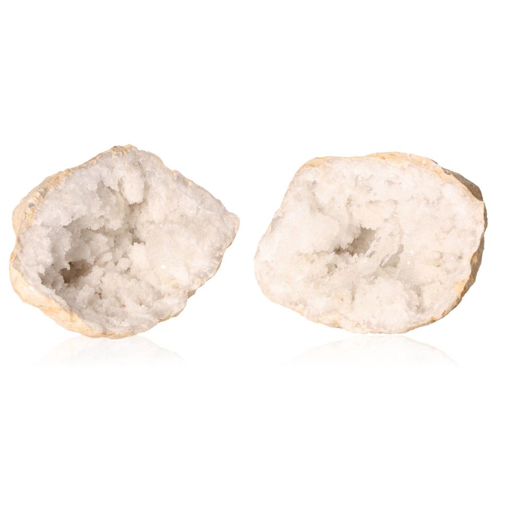 Milky quartz geode with sparkling white crystals inside, perfect for energy cleansing and enhancing focus and tranquility.