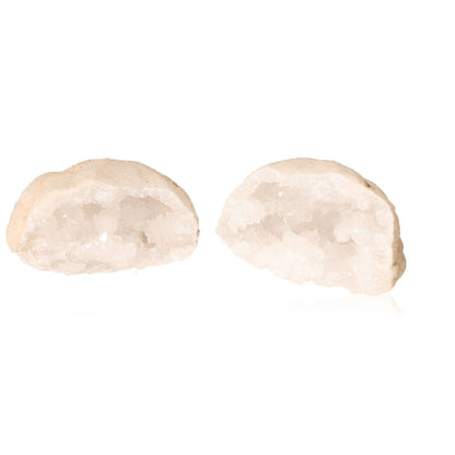 Milky quartz geode halves displaying sparkling white crystals with a rugged, earthy shell, perfect for enhancing clarity and energy balance.