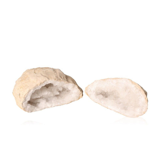 Quartz geode split open revealing cloudy white crystals, known for purifying energy, enhancing tranquility, and promoting positive vibrations.