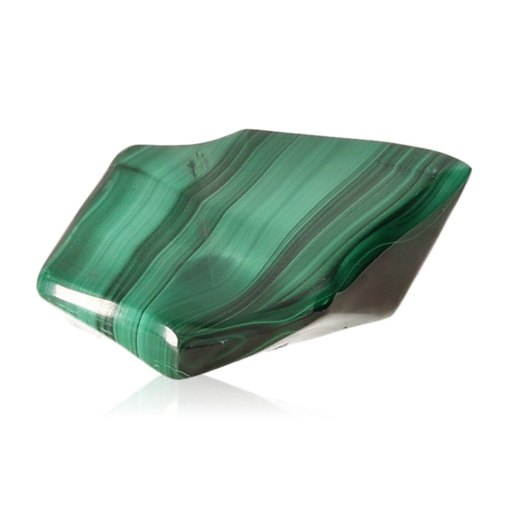 Polished malachite stone with deep green bands, known for its calming energy and support in finding inner harmony.