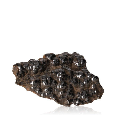 Polished botryoidal hematite crystal cluster, shimmering metallic with dense formations for grounding and emotional balance.