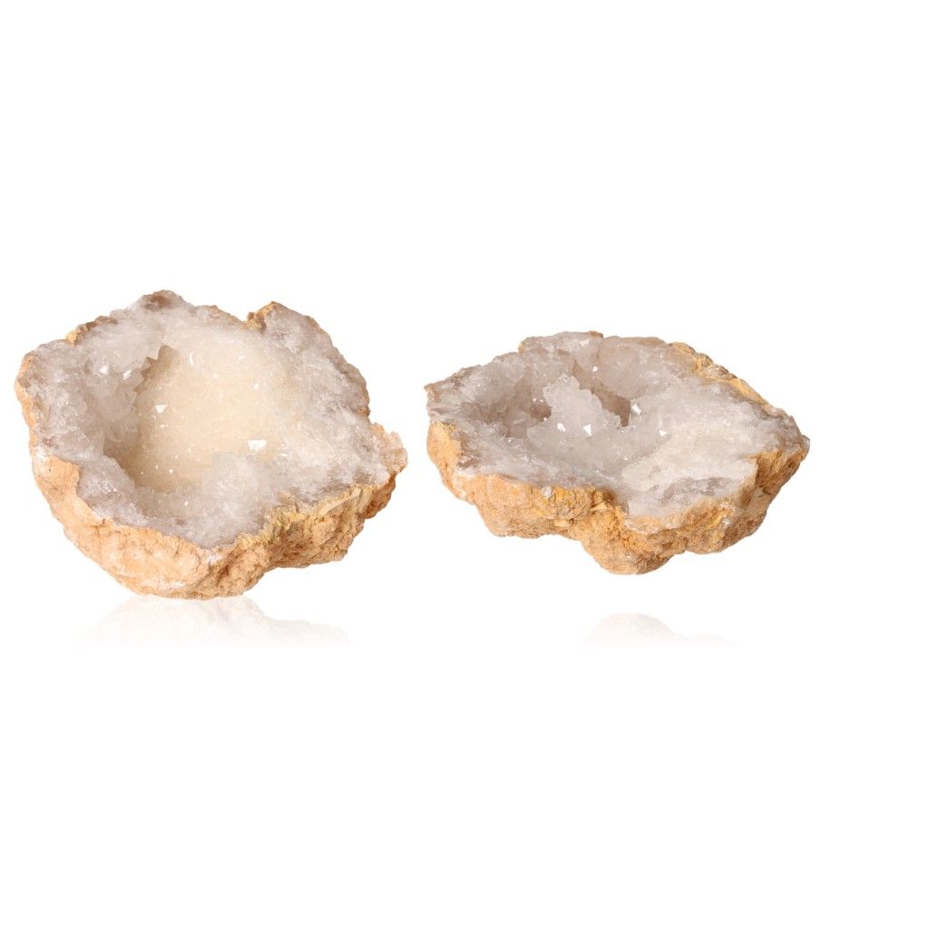 Milky quartz geode pair with rugged outer shell and sparkling white crystals, ideal for purifying energy and enhancing tranquility.