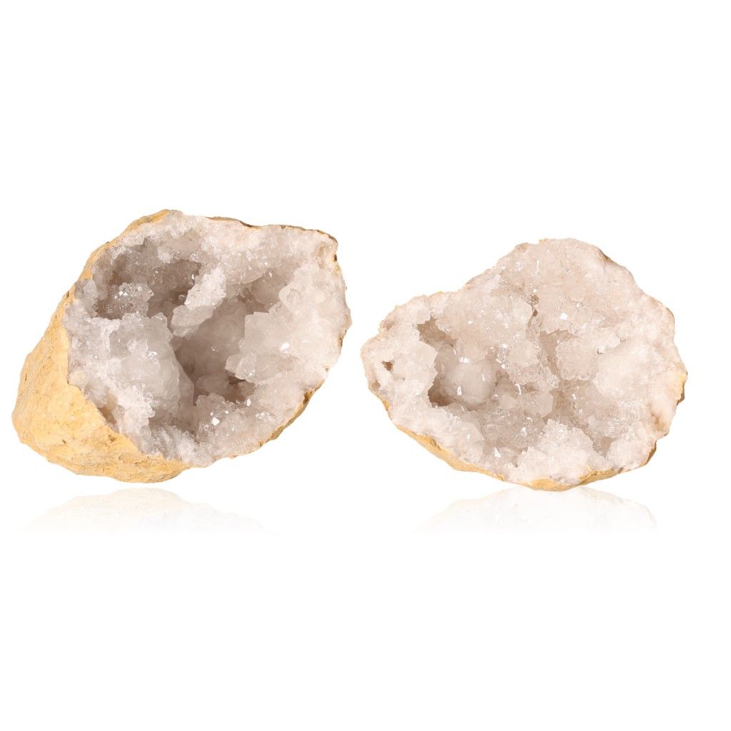 Milky quartz geode open halves with sparkling white crystals, ideal for energy cleansing, balance, and enhancing focus and tranquility.