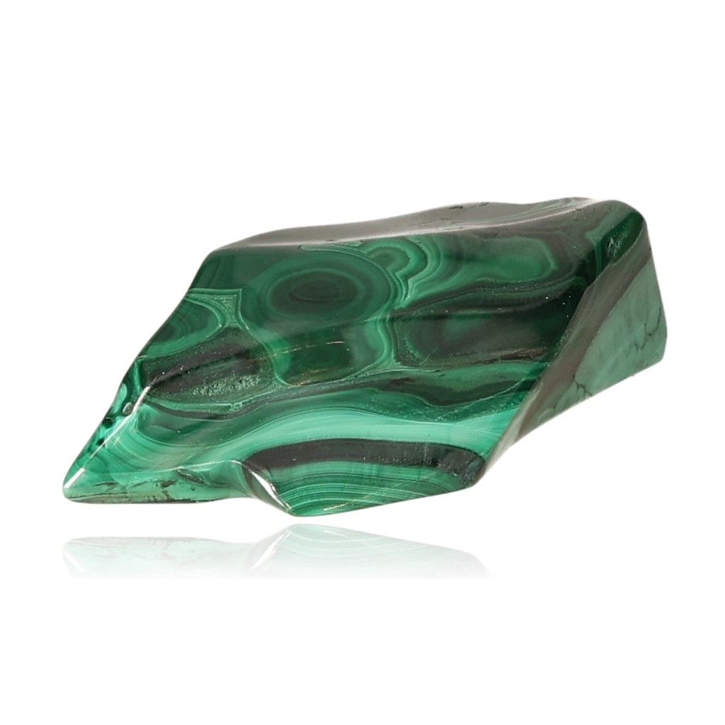 Polished malachite stone with vibrant green swirls, symbolizing courage and inner harmony.