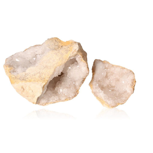 Milky quartz geode with sparkling cloudy white crystals, enhances tranquility, cleanses spaces, balances energy, promotes focus.