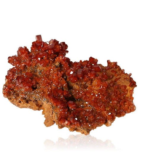 Vanadinite druze with vibrant reddish-brown hexagonal crystals and glassy surface, enhancing focus and motivation.